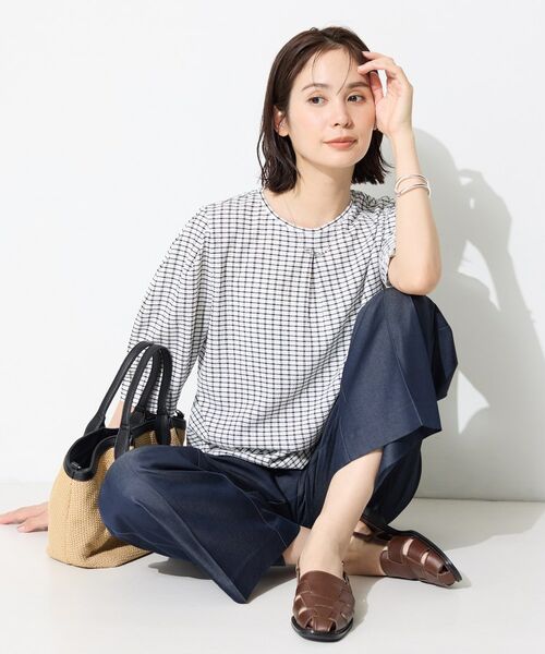 INDIVI / インディヴィ カットソー | 【UVケア／吸汗速乾】チェック柄タックボリュームスリーブトップス | 詳細2