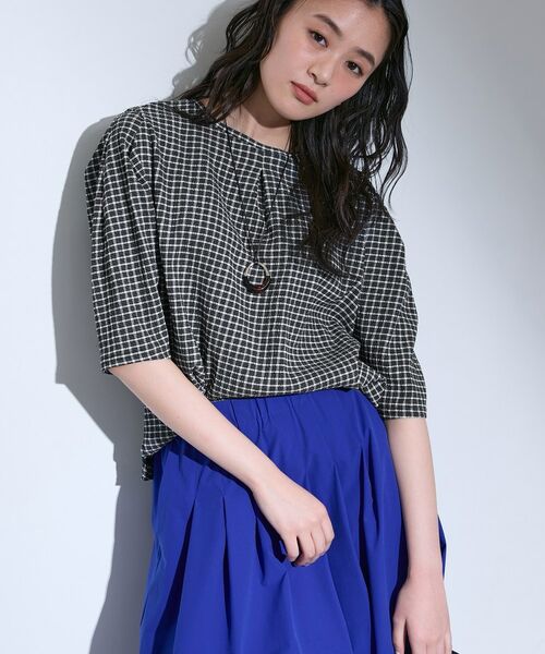 INDIVI / インディヴィ カットソー | 【UVケア／吸汗速乾】チェック柄タックボリュームスリーブトップス（ブラック(219)）