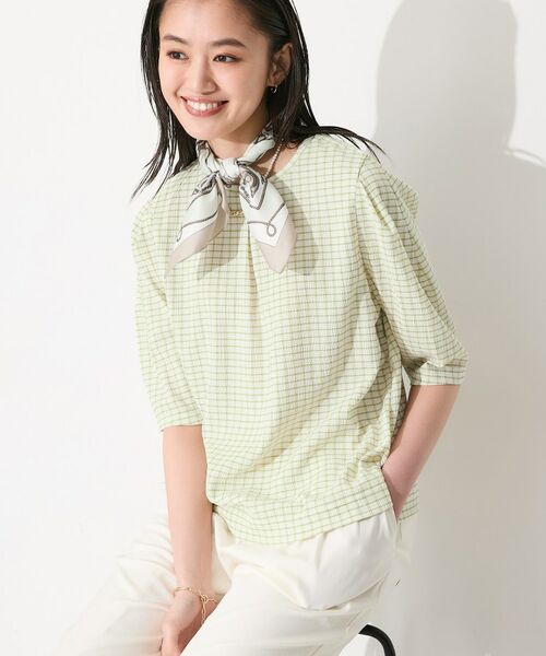 INDIVI / インディヴィ カットソー | 【UVケア／吸汗速乾】チェック柄タックボリュームスリーブトップス（グリーン(225)）