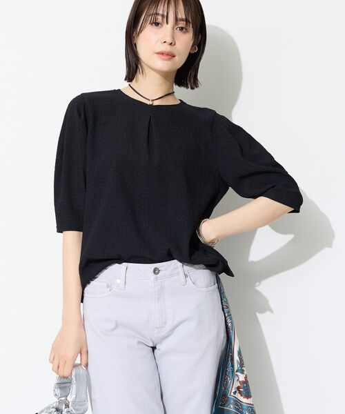 INDIVI / インディヴィ カットソー | 【UVケア／吸汗速乾】チェック柄タックボリュームスリーブトップス（ネイビー(294)）