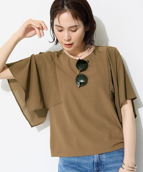 INDIVI / インディヴィ カットソー | 【洗える／シアーチェック柄】異素材コンビスリーブトップス（モカブラウン(042)）