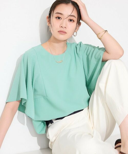 INDIVI / インディヴィ カットソー | 【洗える／シアーチェック柄】異素材コンビスリーブトップス（ミントグリーン(621)）