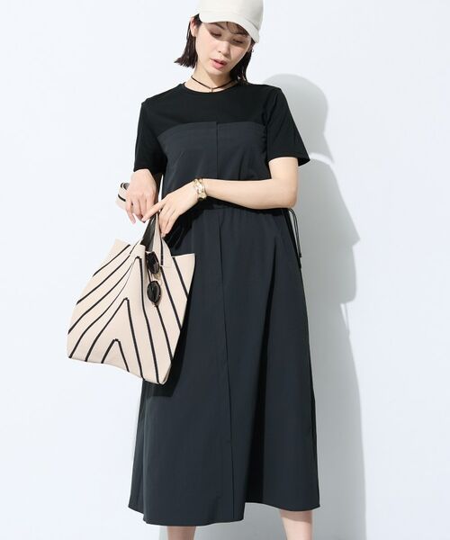 INDIVI / インディヴィ ロング・マキシ丈ワンピース | 【洗える／1枚でキマる／ドロスト付】ビスチェ風ドッキングTワンピース（ブラック(019)）