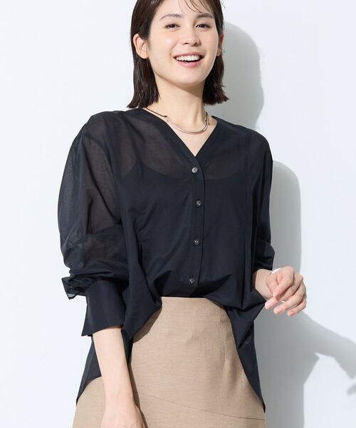 INDIVI / インディヴィ シャツ・ブラウス | 【洗える／軽やか】無地＆ストライプ柄 切替タックブラウス（ブラック(019)）