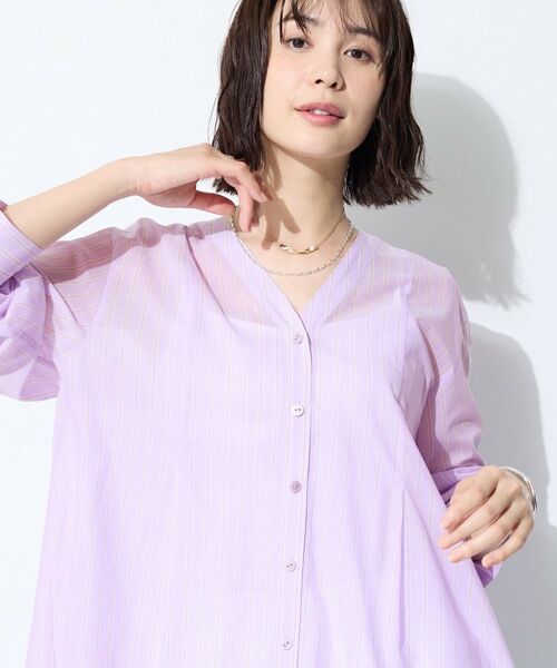 INDIVI / インディヴィ シャツ・ブラウス | 【洗える／軽やか】無地＆ストライプ柄 切替タックブラウス（ラベンダー(380)）
