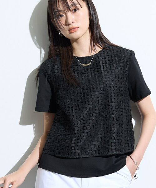 INDIVI / インディヴィ カットソー | 【洗える】レイヤード風レースコンビTシャツ(ブラック(019))
