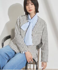 INDIVI / インディヴィ ノーカラージャケット | 【華やか／着回し力◎】上品ツイードVネックジャケット