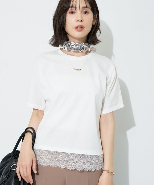 INDIVI / インディヴィ Tシャツ | 【汗ジミ防止／接触冷感】裾レースドルマンTシャツ（ホワイト(001)）