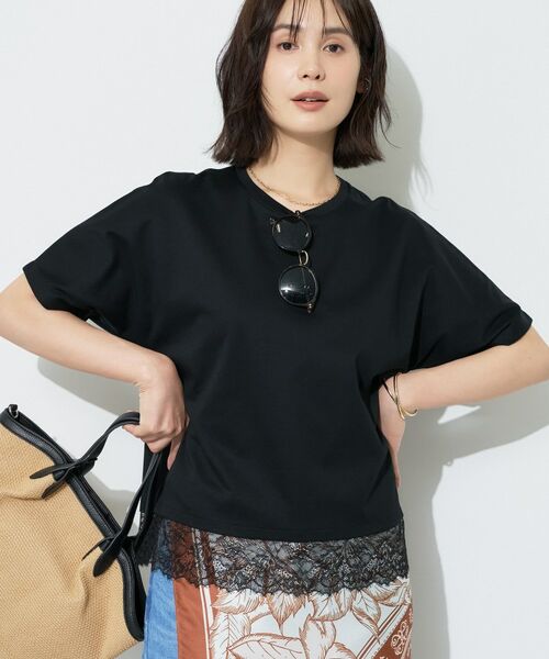 INDIVI / インディヴィ Tシャツ | 【汗ジミ防止／接触冷感】裾レースドルマンTシャツ（ブラック(019)）