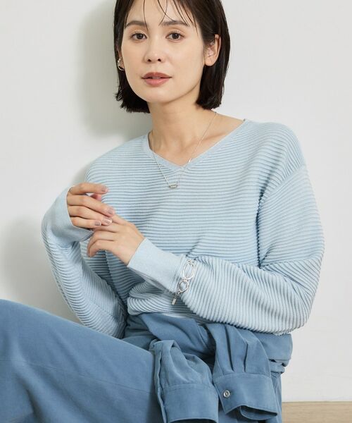 INDIVI / インディヴィ ニット・セーター | 【ウール混/体型カバー】ラメガーター編み Vネックニット(ブルー(091))