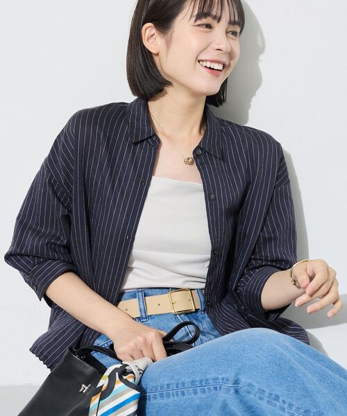 INDIVI / インディヴィ シャツ・ブラウス | 【シアー/7分袖】体型カバーゆったりシャツ(ネイビー(394))