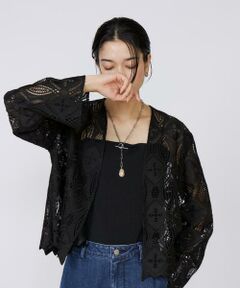美品✨シューソネット♡ノーカラージャケット　ネイビー　ジャガード　模様入り　M ノーカラー 金釦ツイード ミドルジャケット（ノーカラー