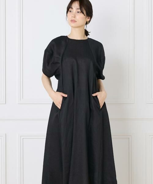 INED / イネド ミニ丈・ひざ丈ワンピース | 《WEB限定》ボリュームスリーブリネンワンピース(ブラック)