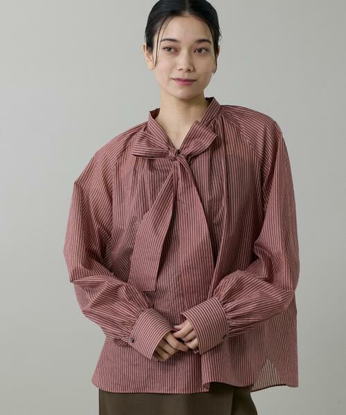 INED / イネド シャツ・ブラウス | 《大きいサイズ》シャドーボーダーボウタイブラウス(レンガ2)