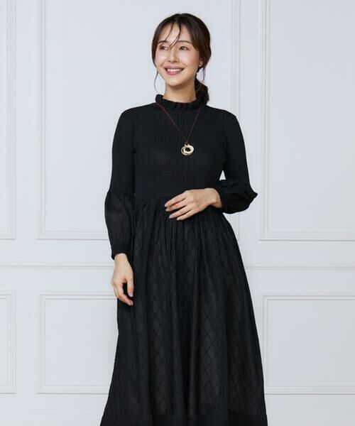 INED / イネド ミニ丈・ひざ丈ワンピース | シアーアーガイル長袖ワンピース(ブラック)