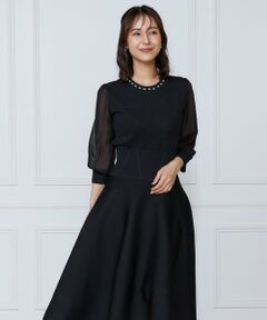 INED / イネド ミニ丈・ひざ丈ワンピース | ジャガードニット袖シフォンワンピース