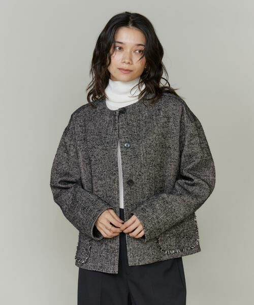 INED / イネド その他アウター | 《大きいサイズ》ヘリンボーン柄ノーカラーショートコート | 詳細10