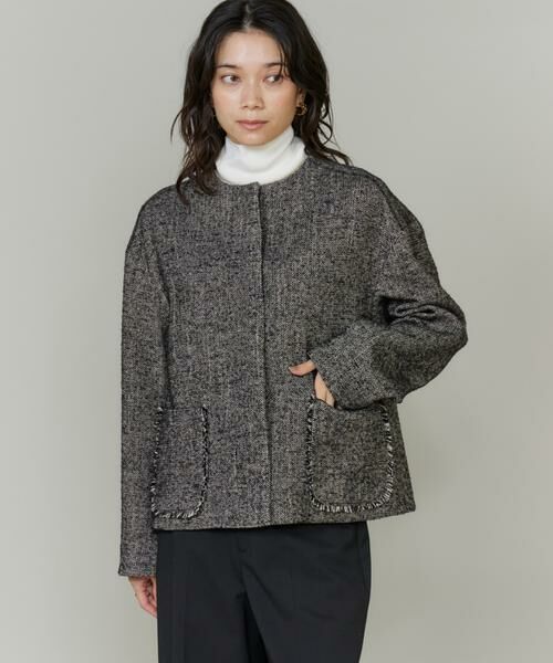 INED / イネド その他アウター | 《大きいサイズ》ヘリンボーン柄ノーカラーショートコート | 詳細11