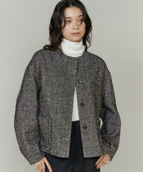 INED / イネド その他アウター | 《大きいサイズ》ヘリンボーン柄ノーカラーショートコート | 詳細8
