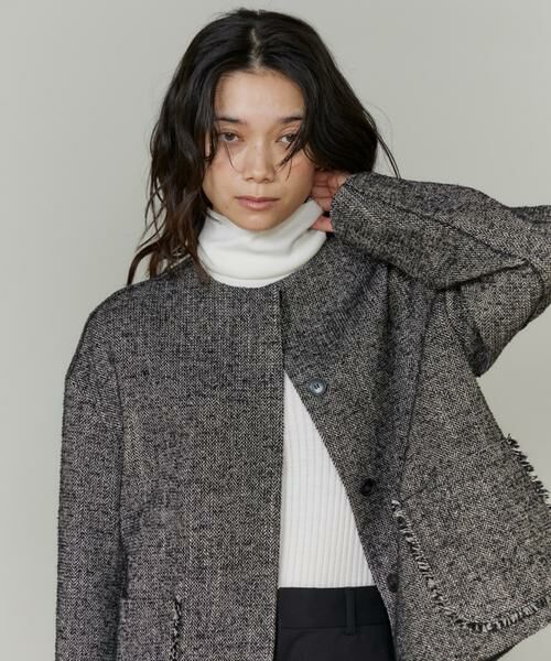 INED / イネド その他アウター | 《大きいサイズ》ヘリンボーン柄ノーカラーショートコート | 詳細9