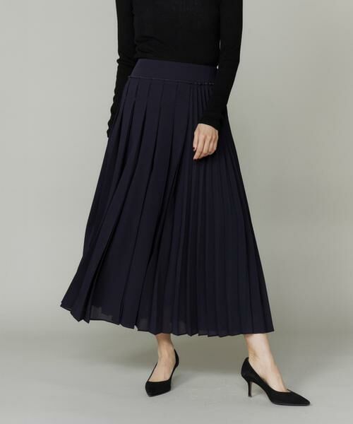 INED / イネド ミニ・ひざ丈スカート | 《大きいサイズ》アシンメトリープリーツスカート　（ネイビー）