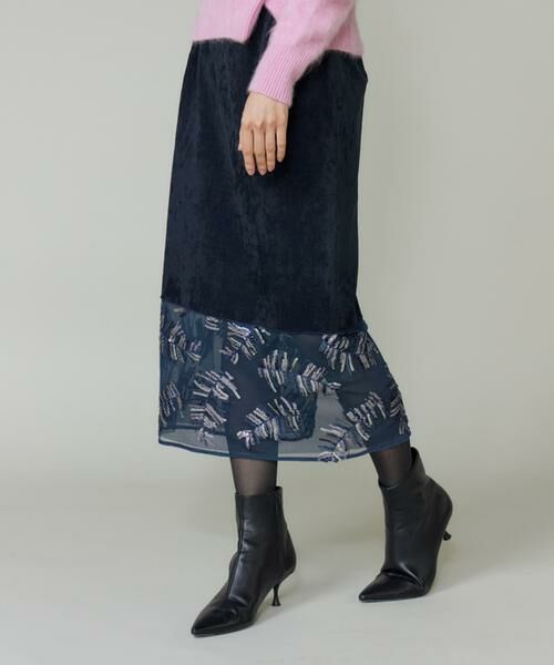 INED / イネド ミニ・ひざ丈スカート | 《大きいサイズ》ベルベットスカート（ネイビー）