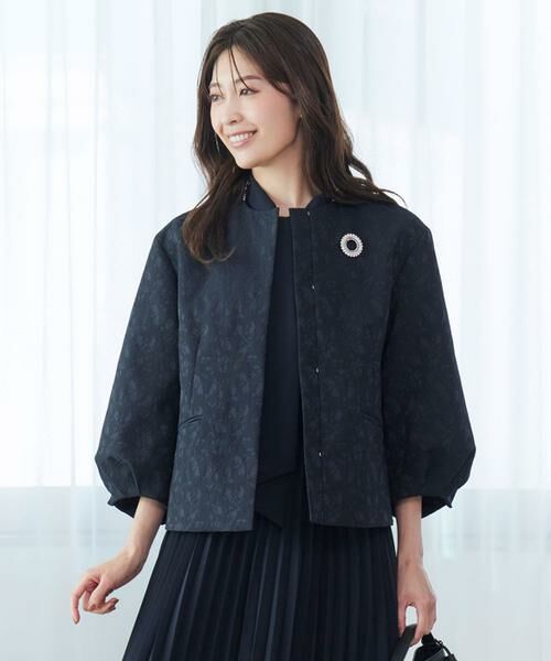 INED / イネド ノーカラージャケット | 《大きいサイズ》ジャガードノーカラージャケット（ネイビー）