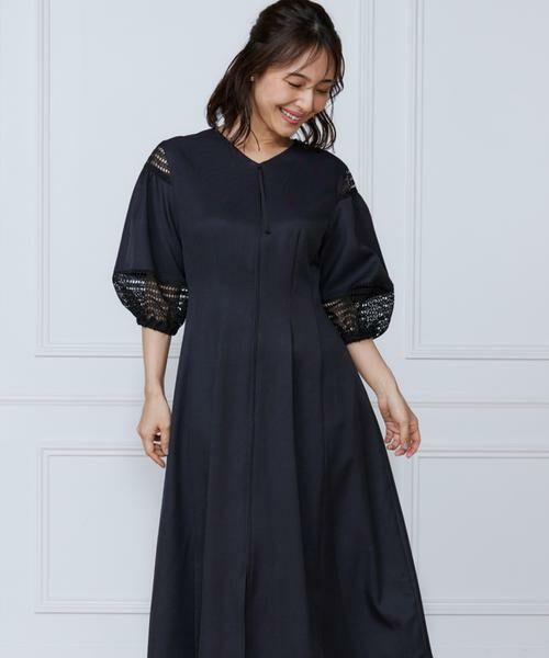 INED / イネド ミニ丈・ひざ丈ワンピース | デニムプリントレース使いワンピース（ブラック）