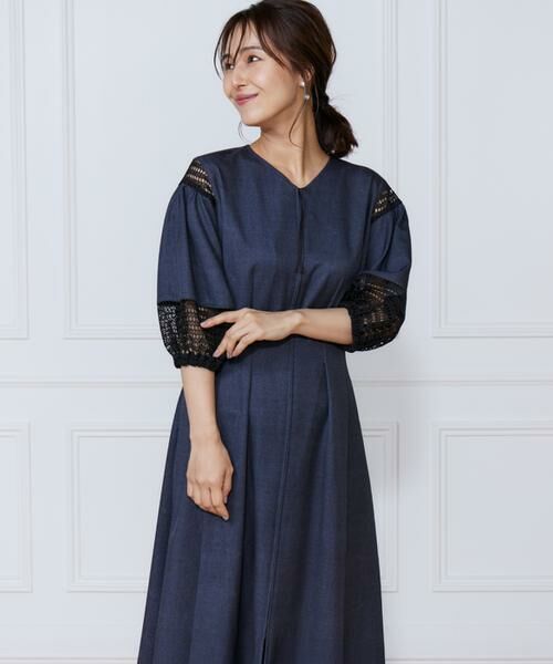 INED / イネド ミニ丈・ひざ丈ワンピース | デニムプリントレース使いワンピース（インディゴ9）