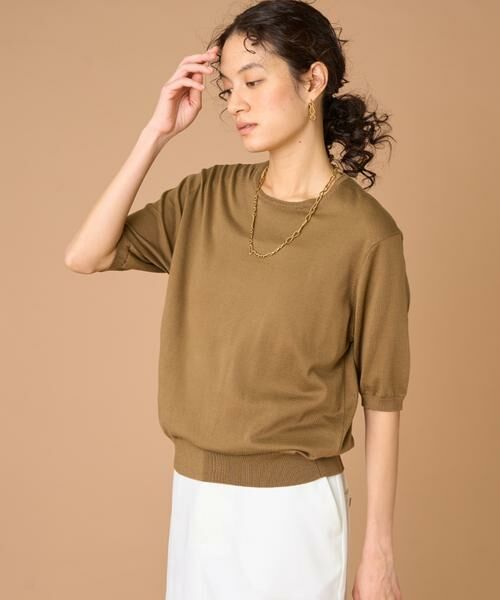 INED / イネド ニット・セーター | FF30ゲージクルーネック5分袖ニット（キャメル1）