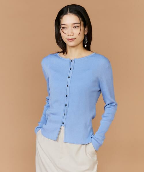 INED / イネド カーディガン・ボレロ | 《大きいサイズ》シルクコットンクルーネックリブカーディガン（ブルー1）