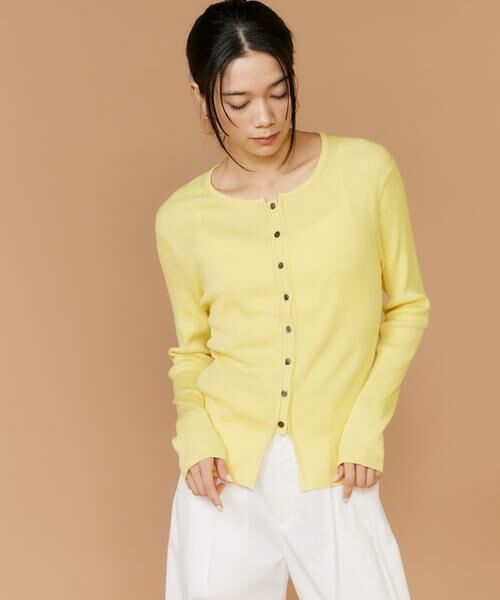 INED / イネド カーディガン・ボレロ | 《大きいサイズ》シルクコットンクルーネックリブカーディガン（イエロー）