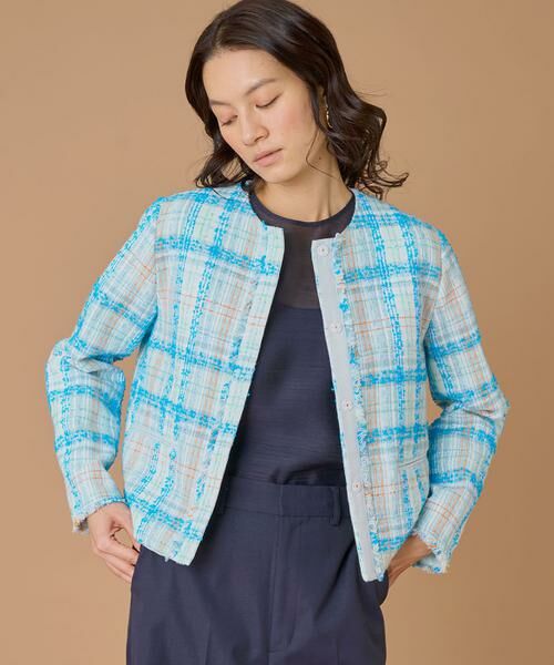 INED / イネド ノーカラージャケット | 《大きいサイズ》ノーカラーツイードジャケット《LINTON》（サックス3）