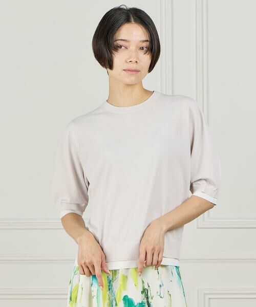 INED / イネド ニット・セーター | 《大きいサイズ》クルーネック5分袖ニット（グレーベージュ3）