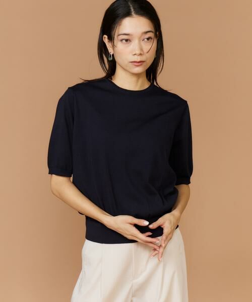 INED / イネド ニット・セーター | 《大きいサイズ》クルーネック5分袖ニット（ダークネイビー8）