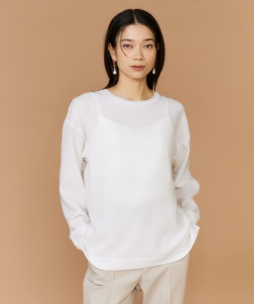 INED / イネド Tシャツ | 《大きいサイズ》衿リブブラウスTシャツ（オフホワイト1）