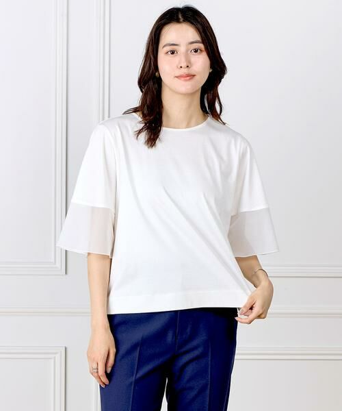 INED / イネド Tシャツ | 《大きいサイズ》袖シアープルオーバーカットソー（オフホワイト1）