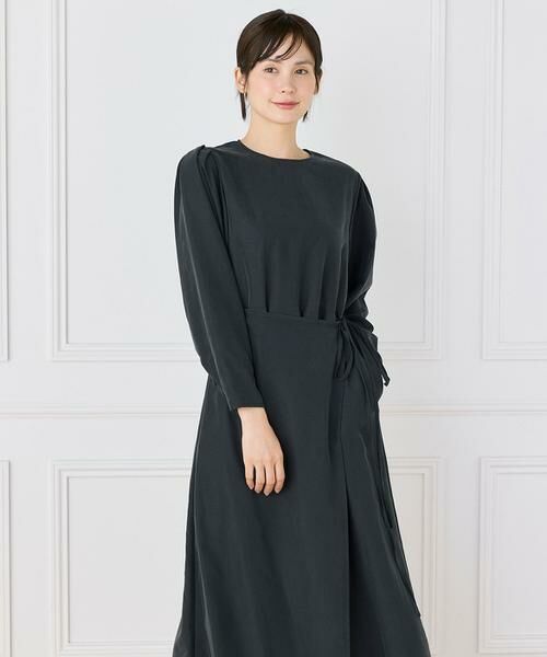 INED / イネド ロング・マキシ丈ワンピース | ラップデザインワンピース | 1枚で洗練された大人キレイめスタイル 共布リボン/ウエストマーク/手洗い可/微光沢/細見え(ブラック)