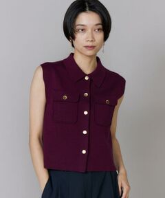 INED / イネド ベスト | 襟付きノースリーブニット ｜ メタルボタンで華やぐ凛とした品格大人ジレ風ニット 滑らかタッチ/上品光沢/手洗い可/胸ポケット
