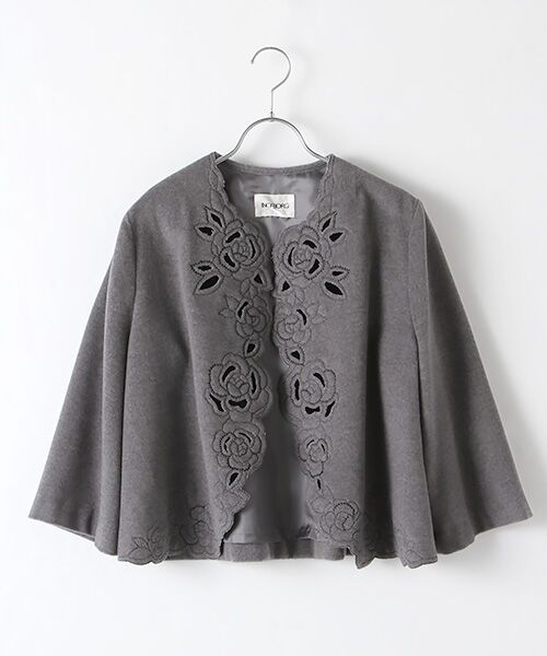 INGEBORG / インゲボルグ ノーカラージャケット | 【アウトレット】アンゴラビーバーフラワーカットカーディガンジャケット（チャコール）
