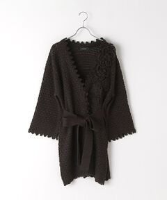 【OUTLET】フラワーモチーフアクセントすかし編みニットロングカーディガン