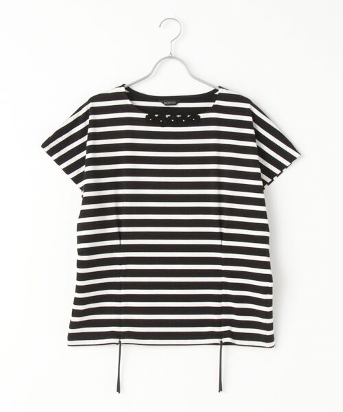 INGEBORG / インゲボルグ カットソー | 【OUTLET】ニットモチーフ付き変形スリーブカットソー（クロ×オフ）