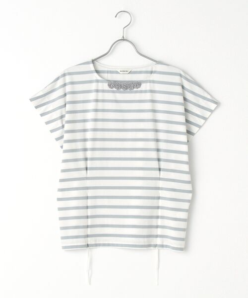 INGEBORG / インゲボルグ カットソー | 【OUTLET】ニットモチーフ付き変形スリーブカットソー（オフ×グレー）