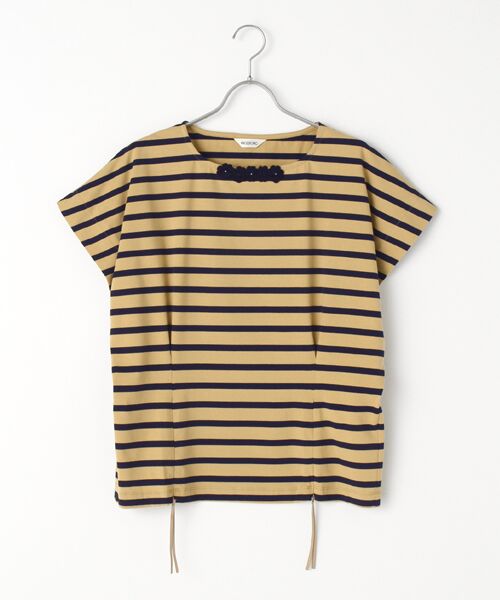 INGEBORG / インゲボルグ カットソー | 【OUTLET】ニットモチーフ付き変形スリーブカットソー（ベージュ×ネイビー）