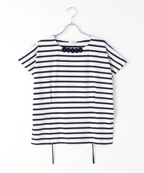 INGEBORG / インゲボルグ カットソー | 【OUTLET】ニットモチーフ付き変形スリーブカットソー（オフ×ネイビー）