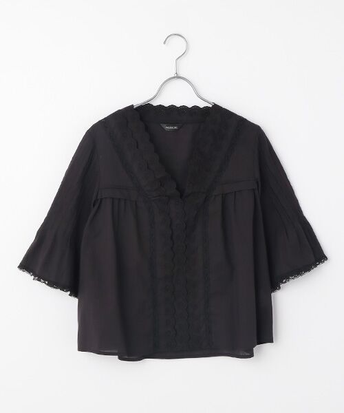 【♥美品♥】インゲボルグ　綿ローン　フランスレース　バルーン袖ブラウス　黒 ♥美品♥】インゲボルグ 綿ローン フランスレース バルーン袖