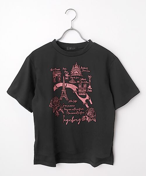 INGEBORG / インゲボルグ Tシャツ | フレンチアートプリントカットソー（クロ）