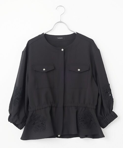 INGEBORG / インゲボルグ ノーカラージャケット | 透かしコード刺繍ノーカラージャケット（クロ）