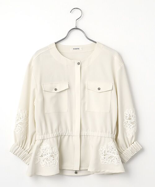 INGEBORG / インゲボルグ ノーカラージャケット | 透かしコード刺繍ノーカラージャケット（シロ）