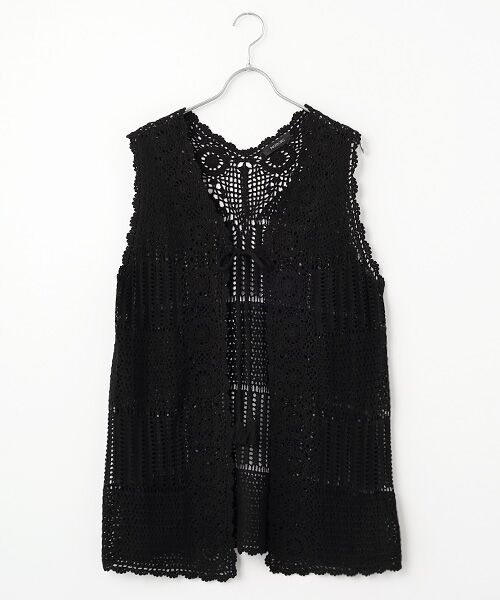 INGEBORG / インゲボルグ ベスト | 透かし編みパッチワークニットジレ（クロ）